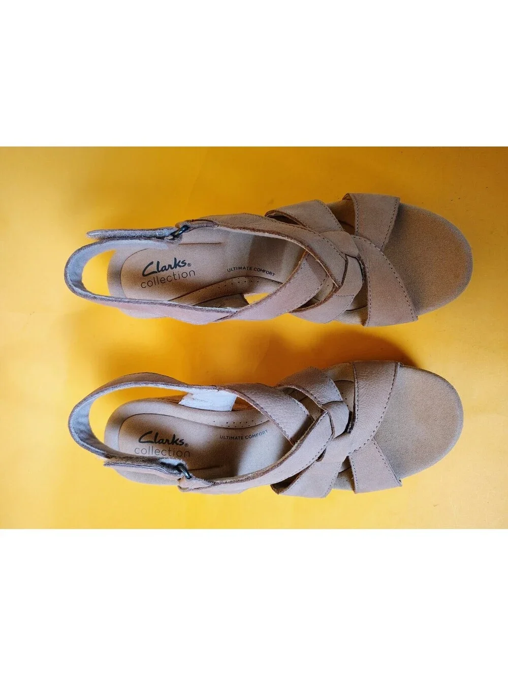 Clarks Giselle Beach Suede Cork Wedge Sandals Pink Taupe Slingback Womens Size 8